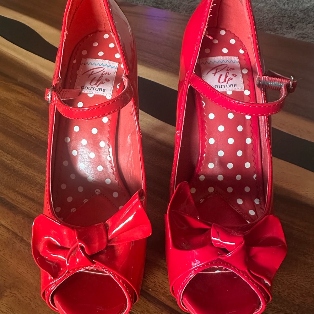 Pinup Couture Red High Heel Peep Toe Shoes with Bow